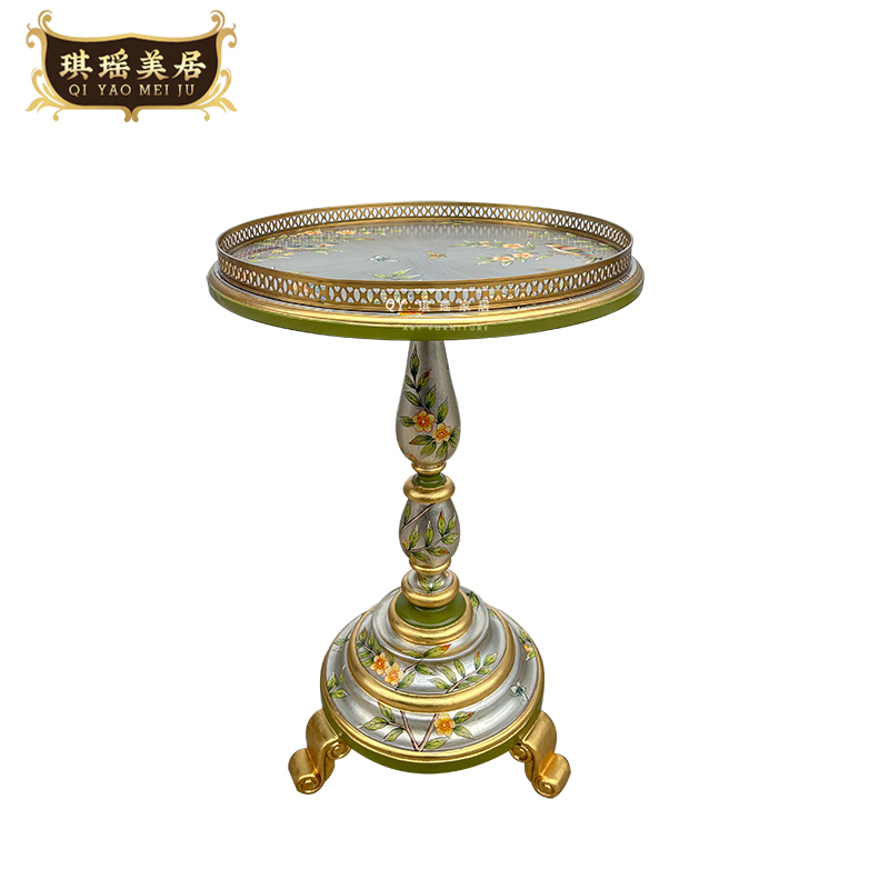 法式新古典客厅角几实木手绘花鸟圆几欧式高端别墅小边几咖啡桌