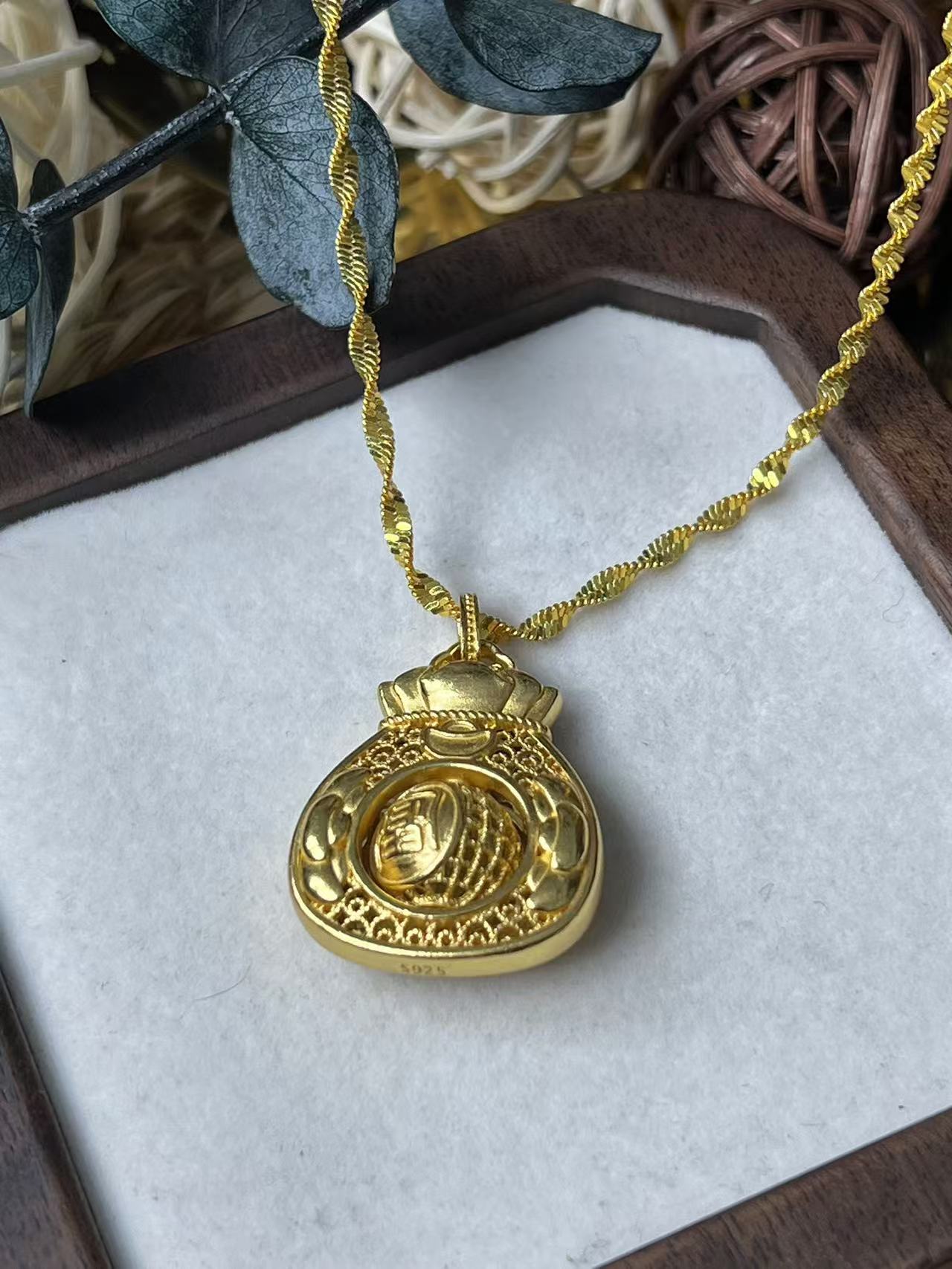 吊坠925银 57号-古法银镀金福袋葫芦吊坠