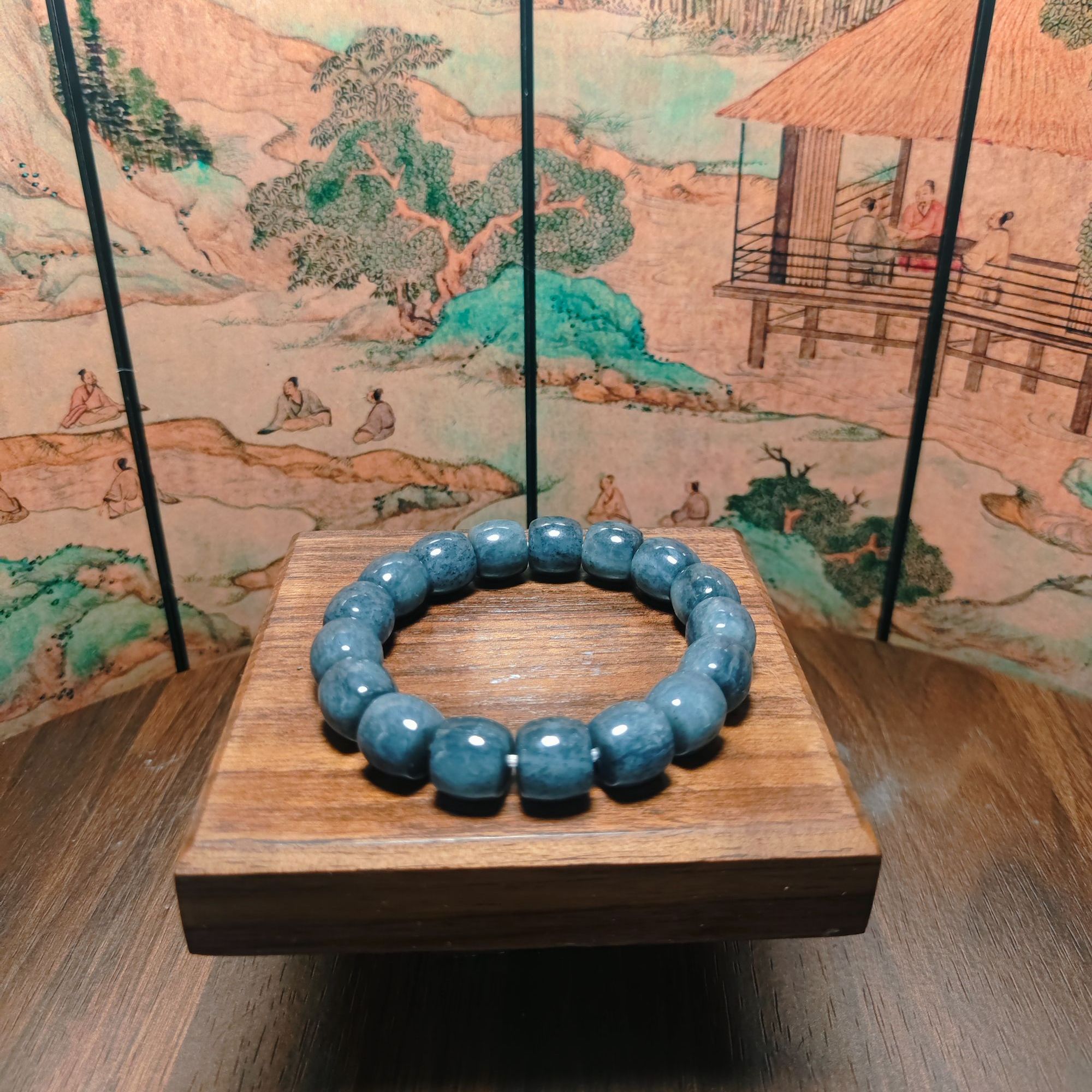 M和田玉青花桶珠手串（卡12）0633