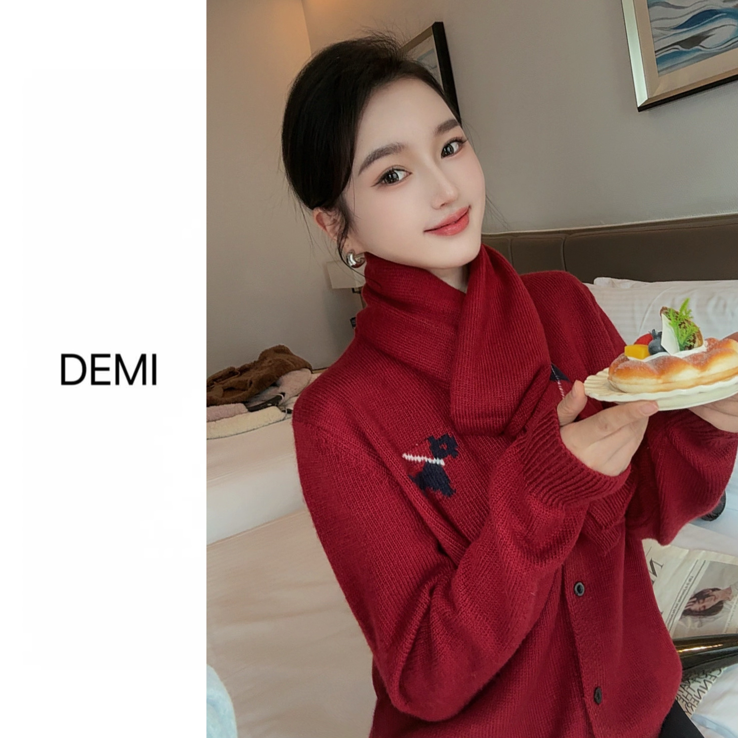 MISS RUILI 定制 韩系氛围感配围巾小狗刺绣针织毛衣F1447