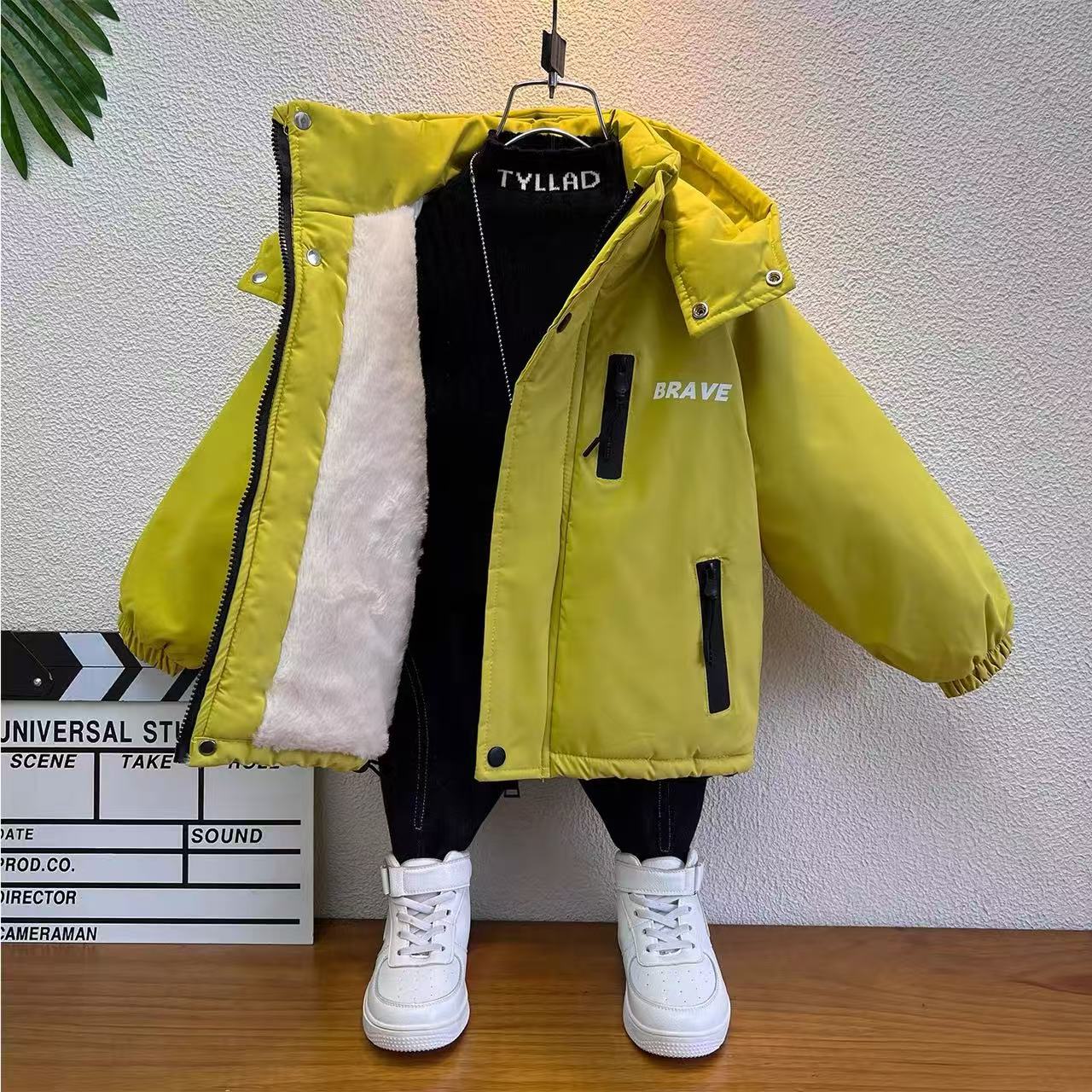 男童加绒外套秋冬装加绒加厚2025新款儿童棉服洋气男孩宝宝派克服