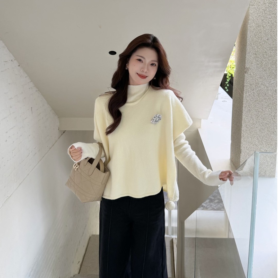韩版简约风高领打底针织衫高级感宽松毛衣花朵两件套上衣G9-85
