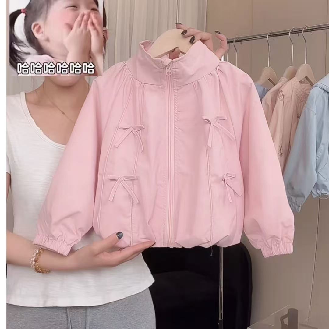 2025春秋冬百搭休闲女童外套韩版纯色洋气蝴蝶结冲锋衣夹棉加厚