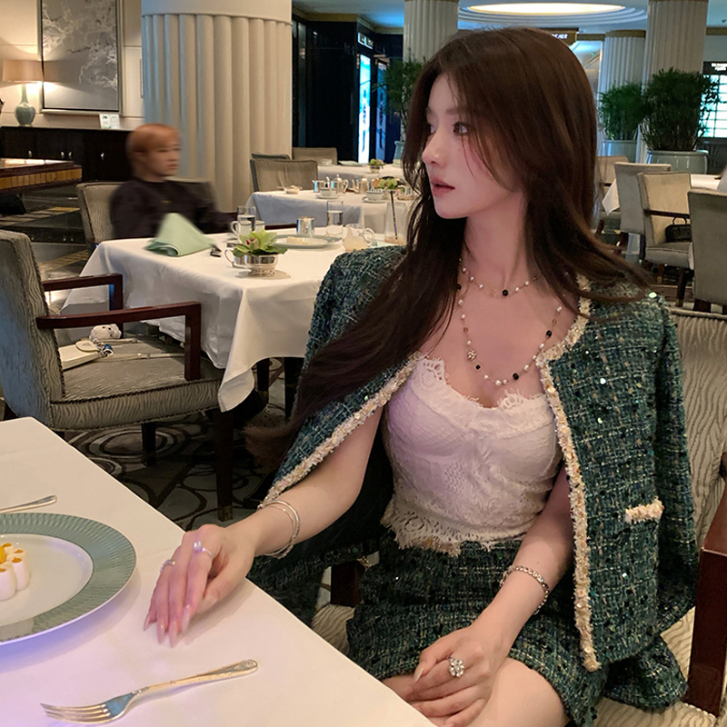 加绒【安娜】大码女装小香风套装裙富家千金外套半身裙两件套