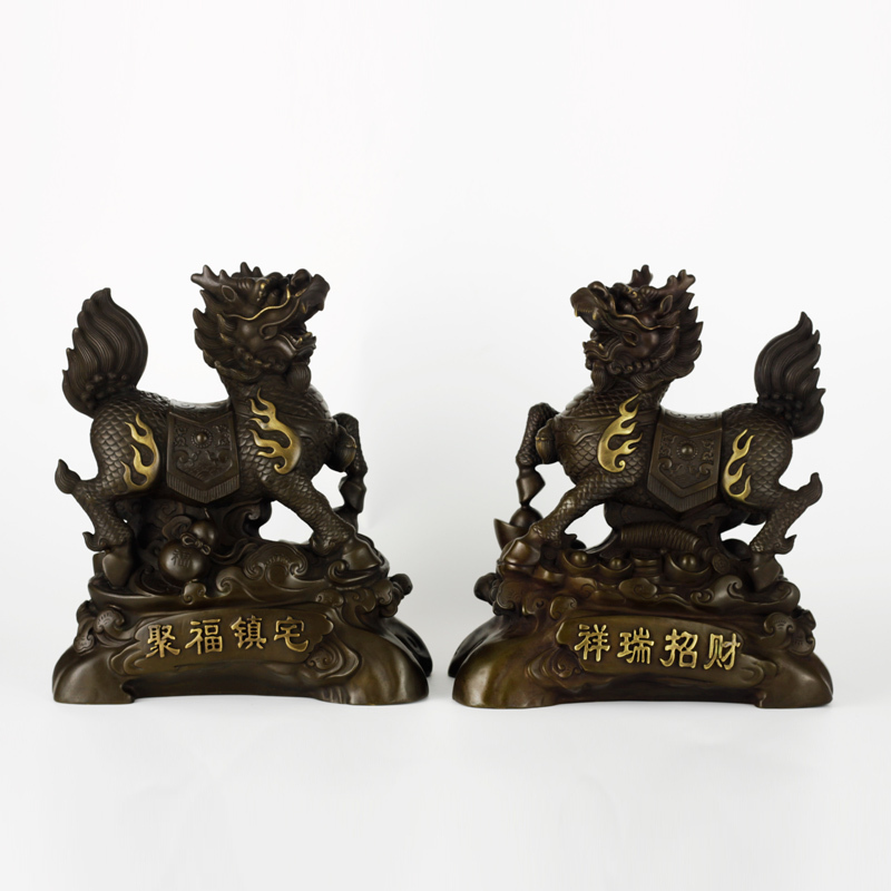 纯黄铜赐福麒麟摆件一对麒麟家居饰客厅摆件办公室招财铜麒麟摆件