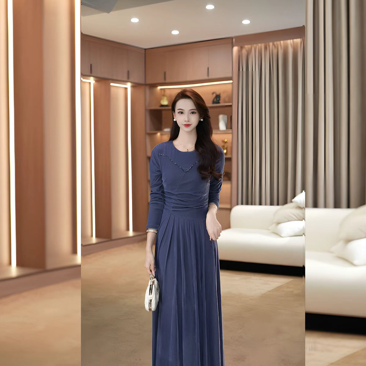 【靛青物语】松紧腰圆领秋冬连衣裙长袖时尚女装裙子-YSJ832066