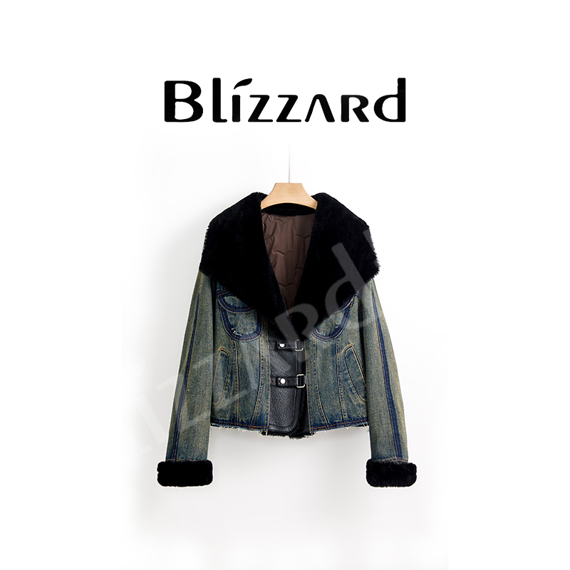 BLIZZARD/暴雪【海岛丹宁】 白鹅绒复古羊皮毛一体拼接牛仔羽绒服