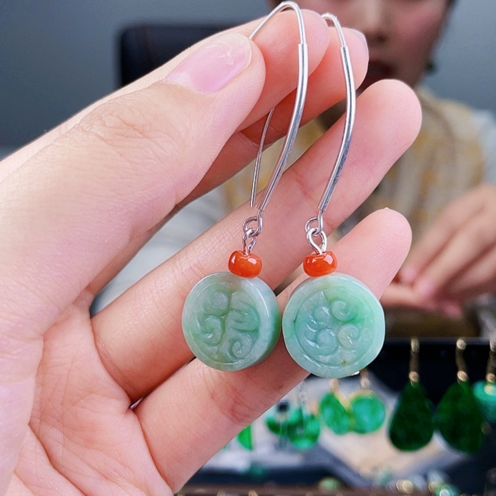 翡翠耳饰银S925镶嵌饰品