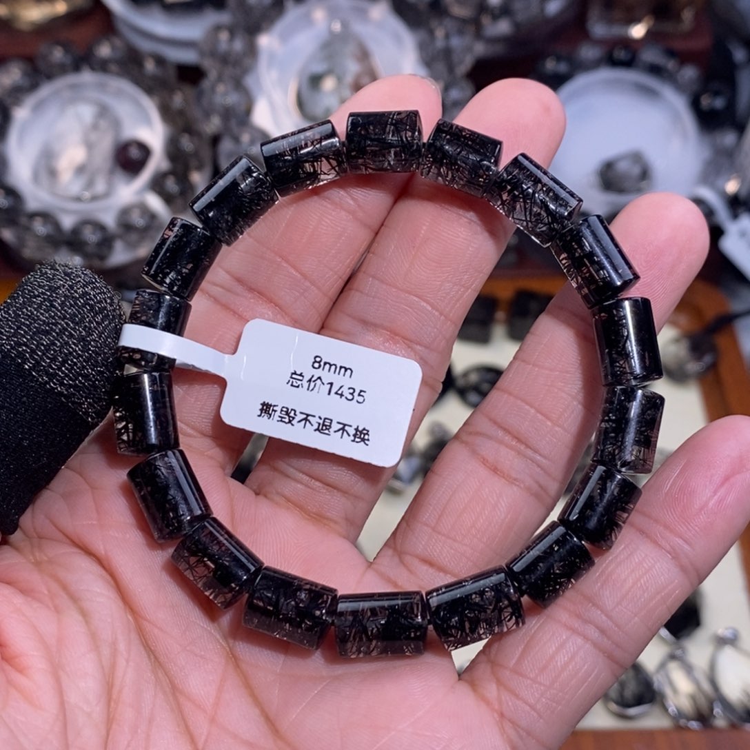 水晶手链未镶嵌黑发晶全透体满发蕾丝桶珠8mm