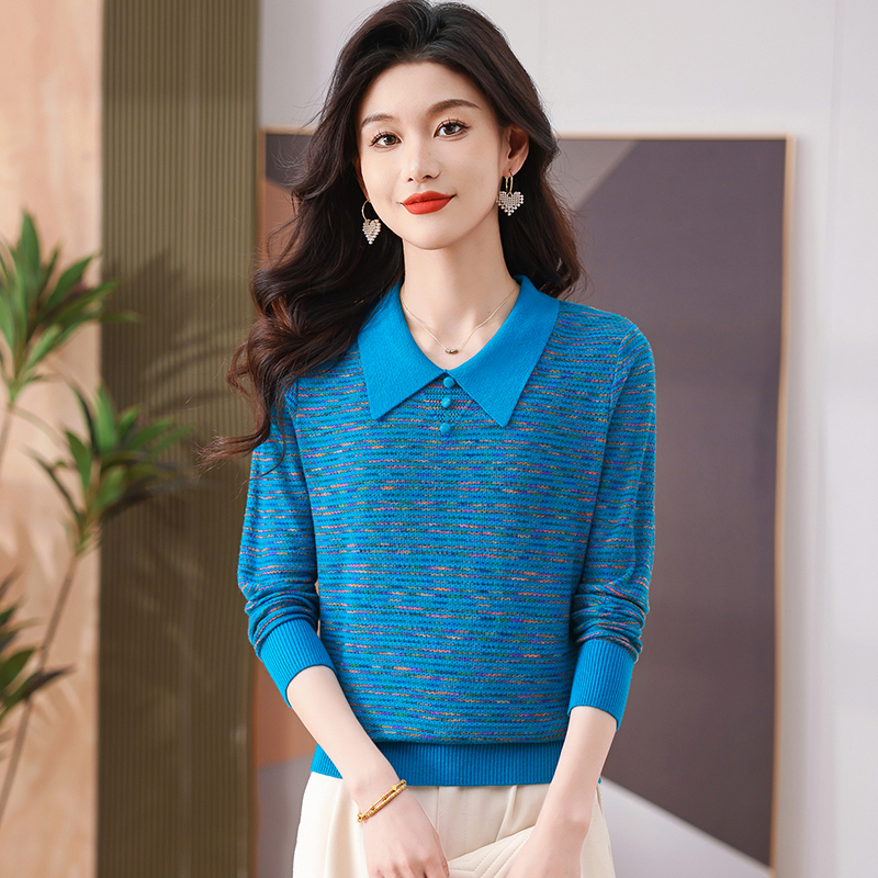 春秋季彩纱宽松百搭套头毛衣女POLO领长袖打底针织上衣显瘦气质
