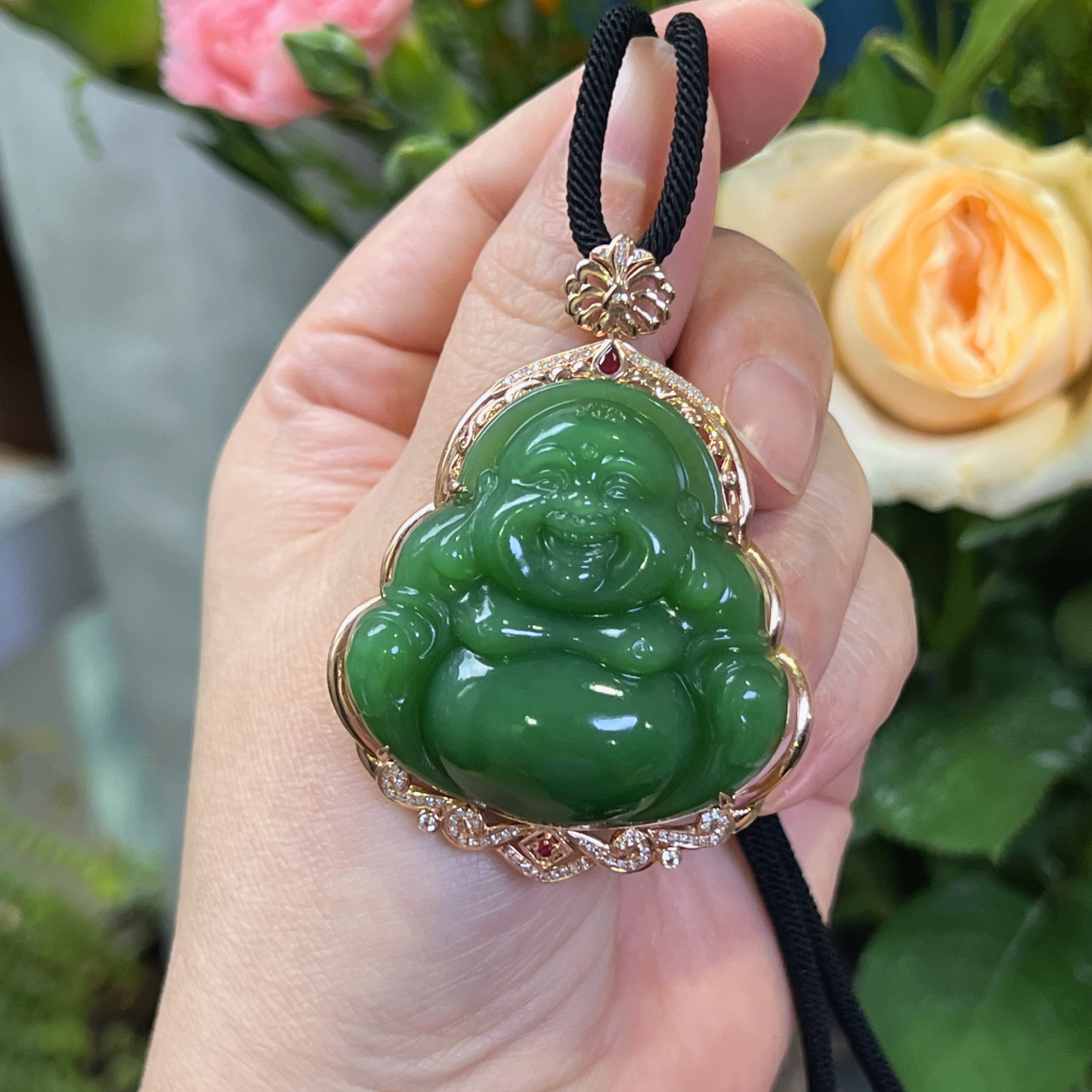 【玉缘汇】精品18k金镶嵌和田玉碧玉阳绿佛公 简约大气油润细腻