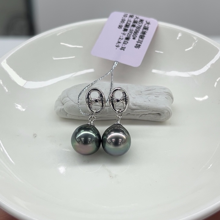 银S925镶嵌耳饰海水珍珠大溪地孔雀绿9-10m 97号