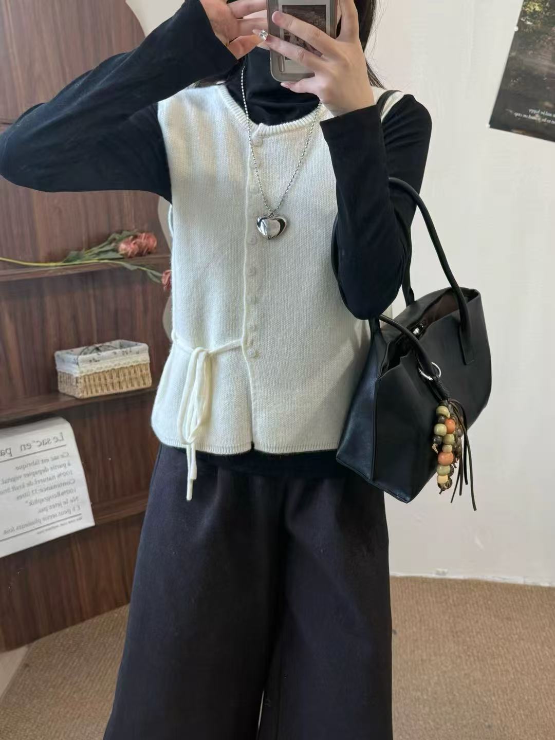 蜗牛家圆领保暖韩式女拼接工字型款马夹两件套羊毛衫11701