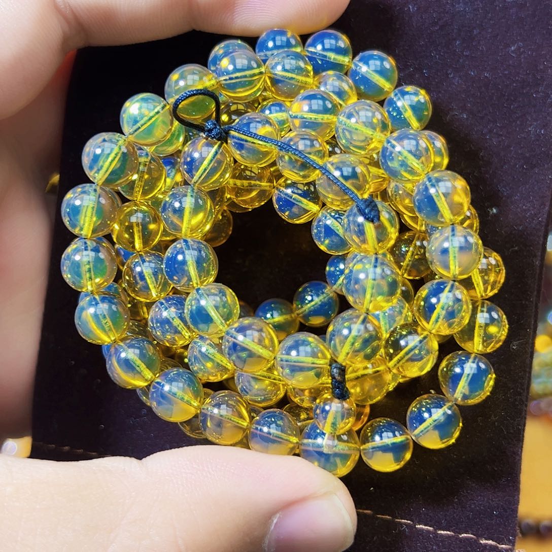 蓝珀珠宝奇石未镶嵌8mm墨西哥蓝珀佛珠108项链