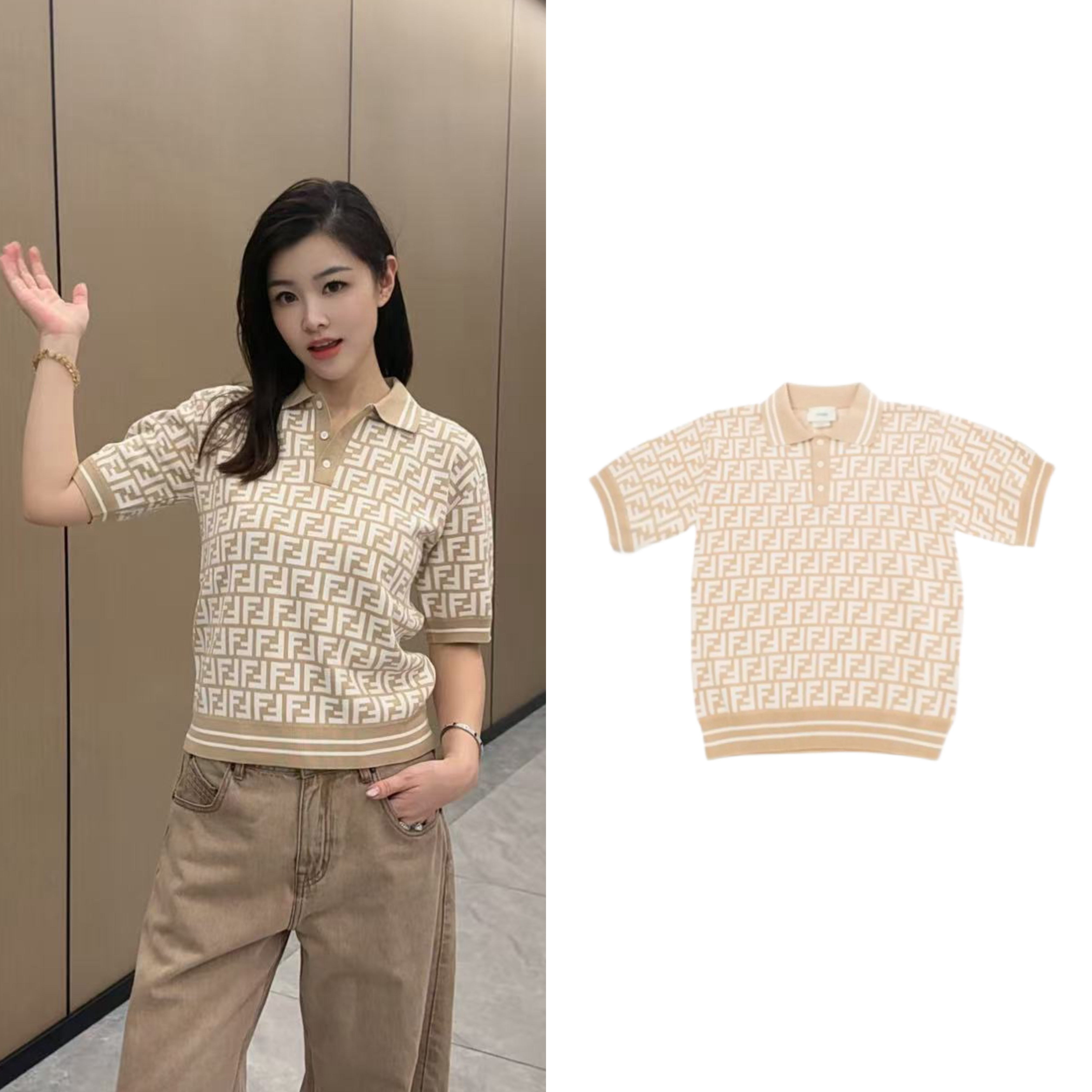 未使用 FENDI/芬迪 FENDI芬迪T恤 Logo满印纽扣短袖Polo衫