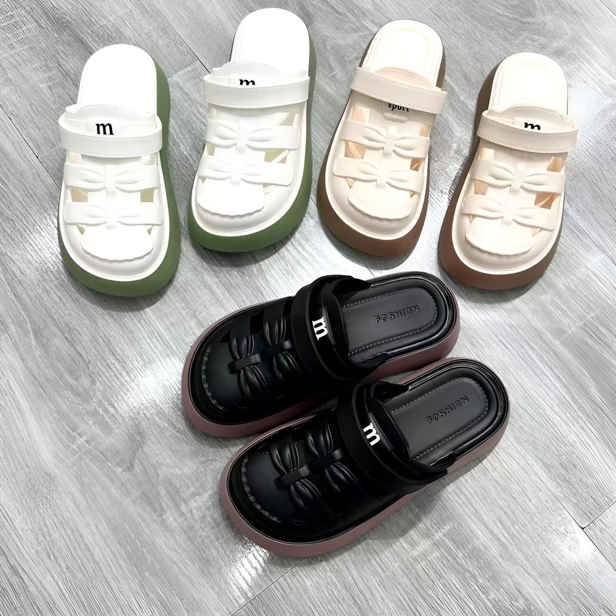 少女风拼色印花防水台日常包头拖时尚镂空高质感穿搭