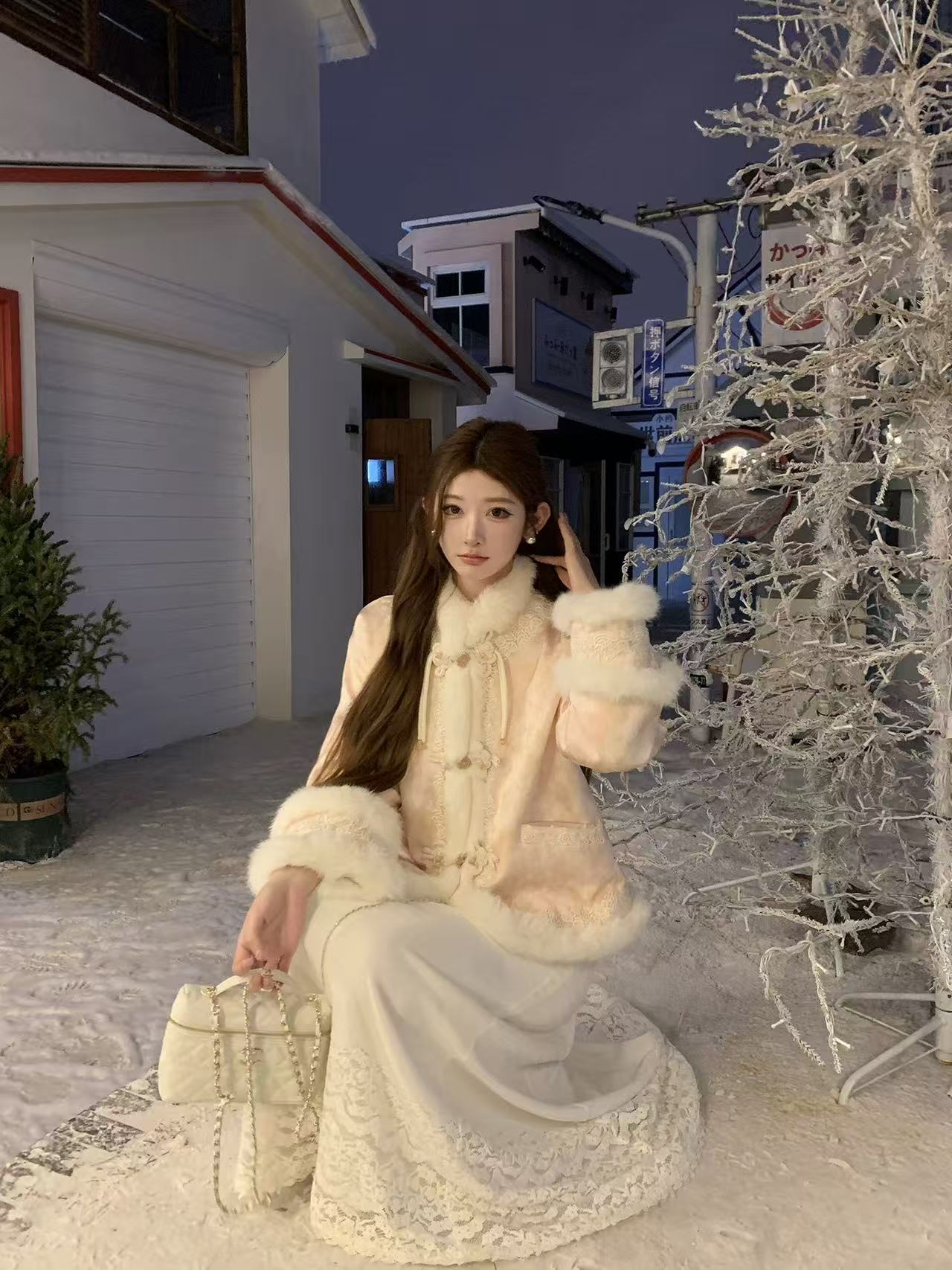 【兔毛粉】新中式冬季小众设计感加绒加厚兔毛拼接减龄保暖套装