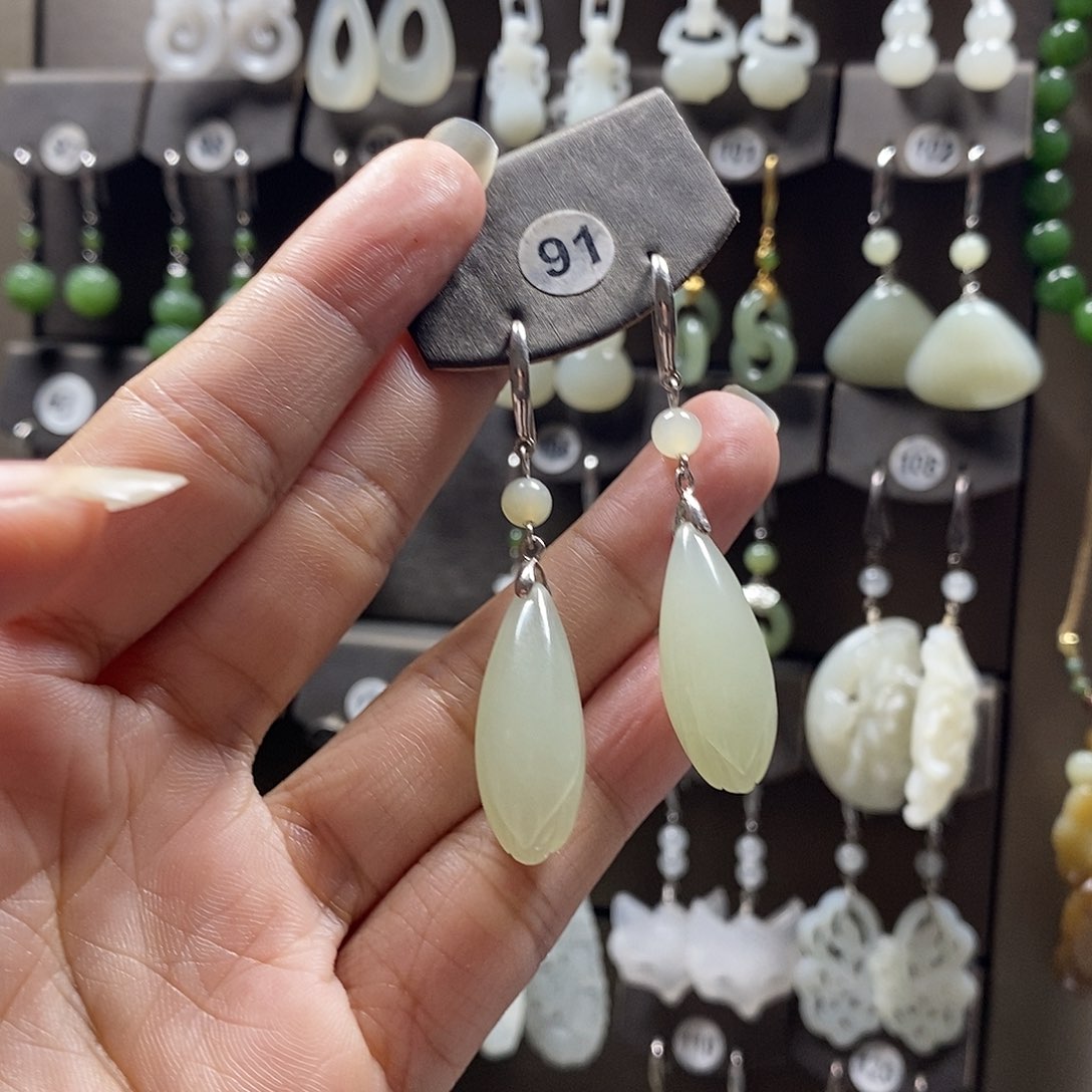 *****和田玉银S925镶嵌耳饰