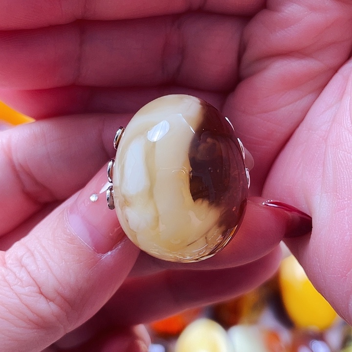 琥珀戒指银S925镶嵌戒指