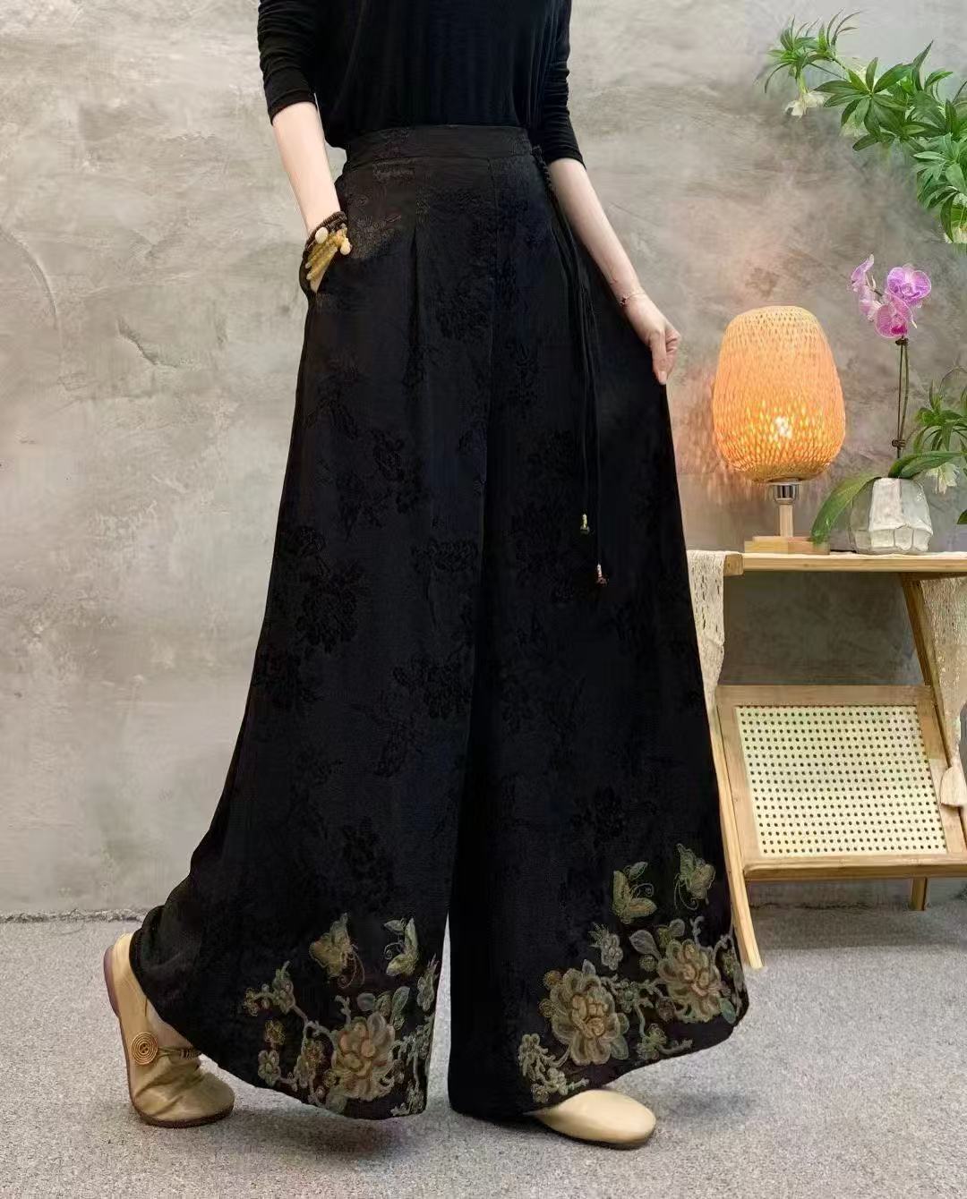 2025秋季新款新中式国风缎面刺绣花阔腿裤女宽松显瘦百搭休闲裤女