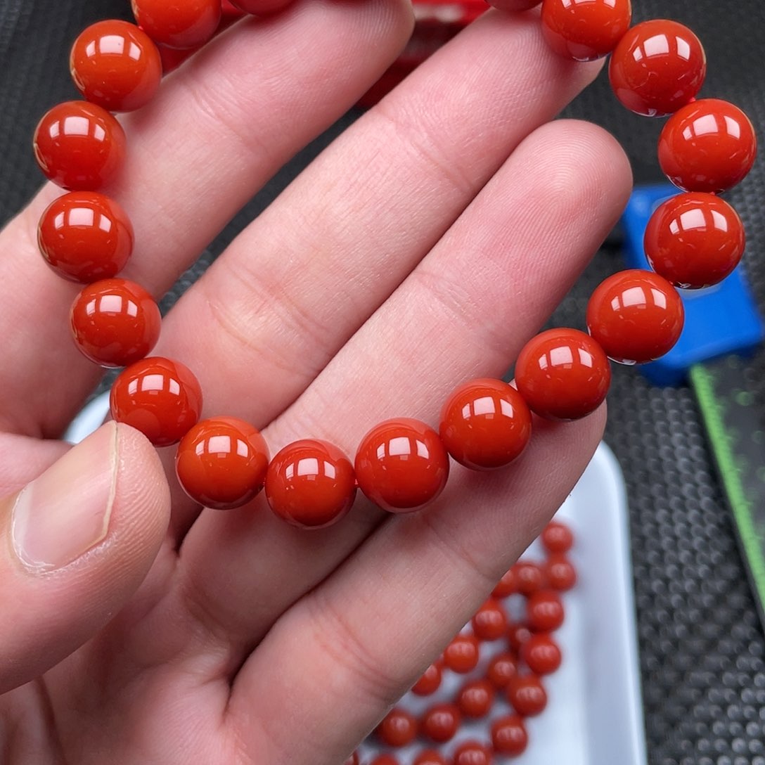 南红玛瑙10mm柿子红圆珠手链整串20颗未镶嵌
