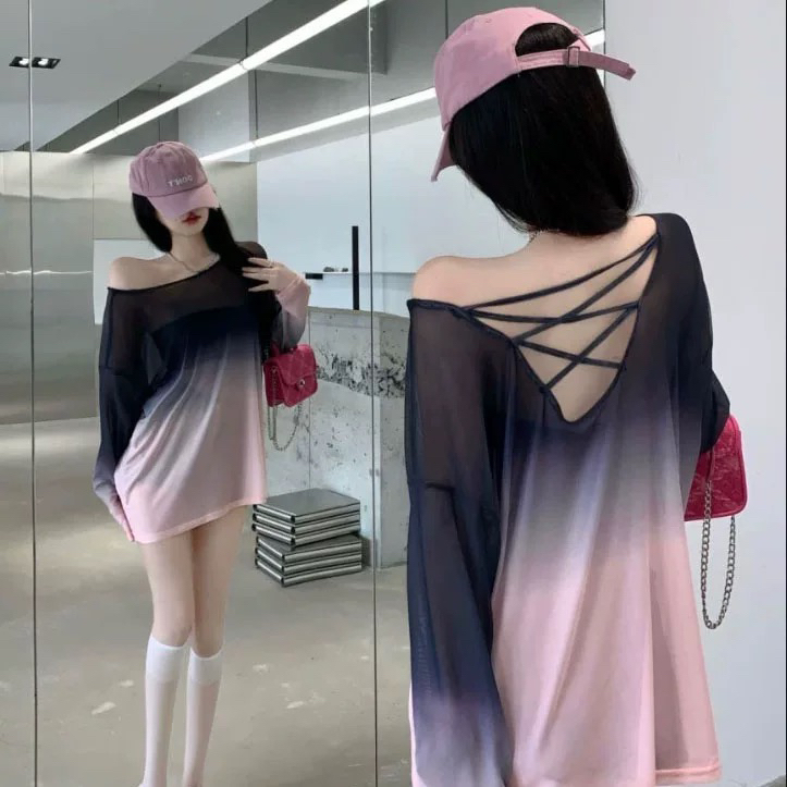 爵士舞镂空网纱宽松长袖T恤罩衫