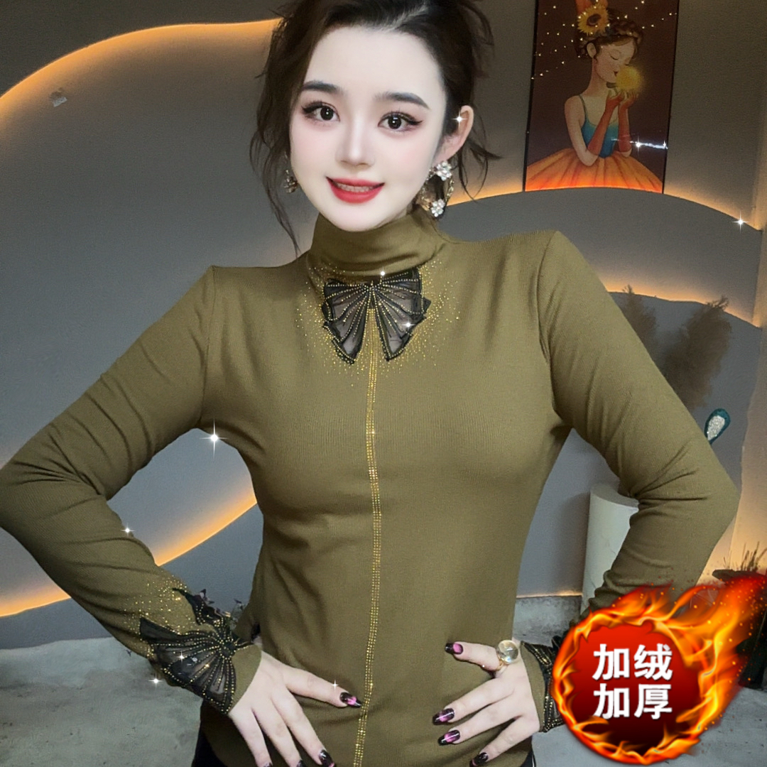 【烫钻领结】2025长袖休闲风新潮风烫钻女T恤网红时尚百搭打底衫.