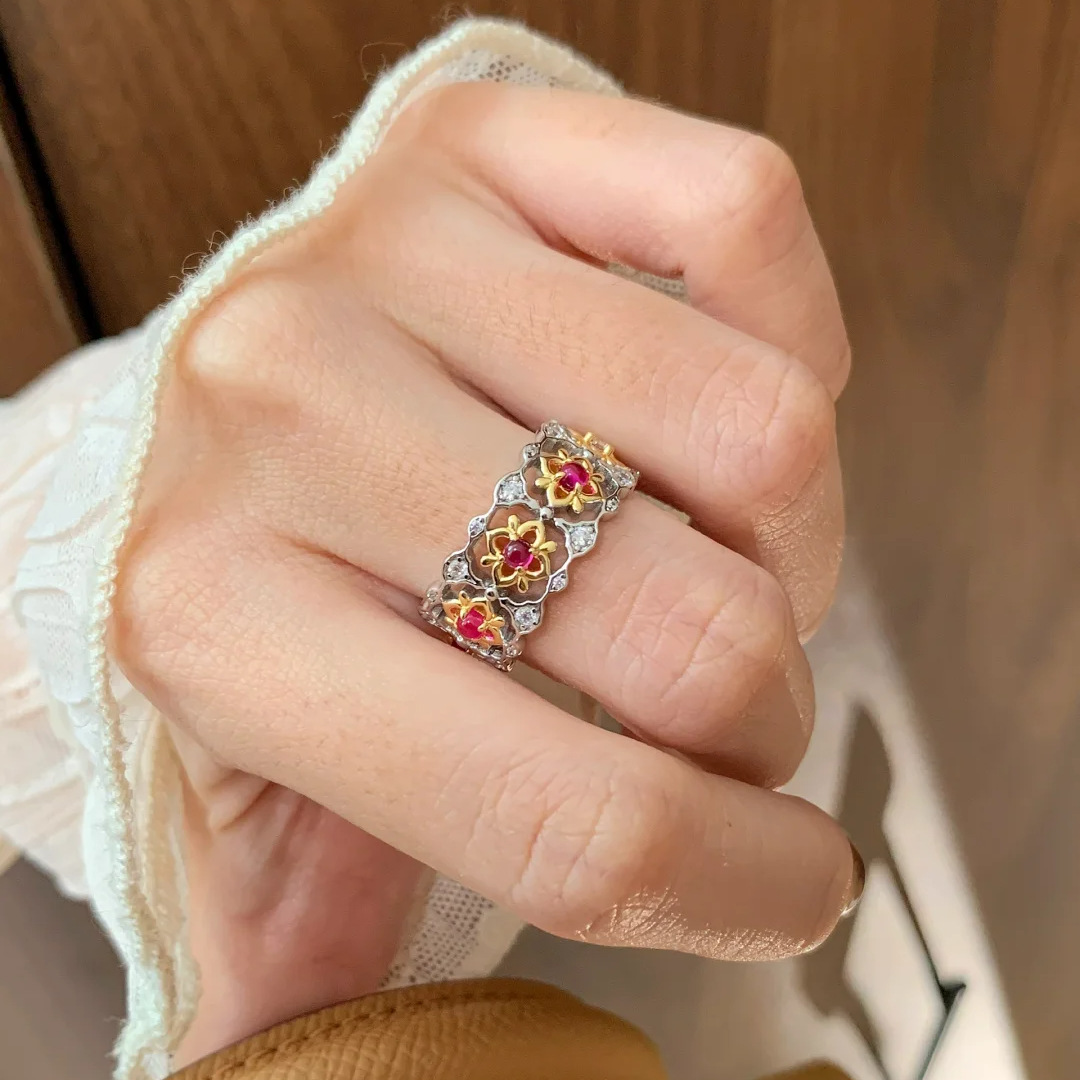 意大利蕾丝bubu风窗花人工红宝石戒指中式宝相花图腾红刚玉排戒女