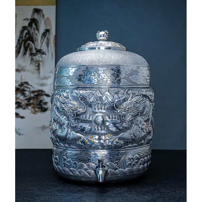 足银玻璃银制品 【半山工坊】纯手工錾刻五龙戏珠足银999银水缸