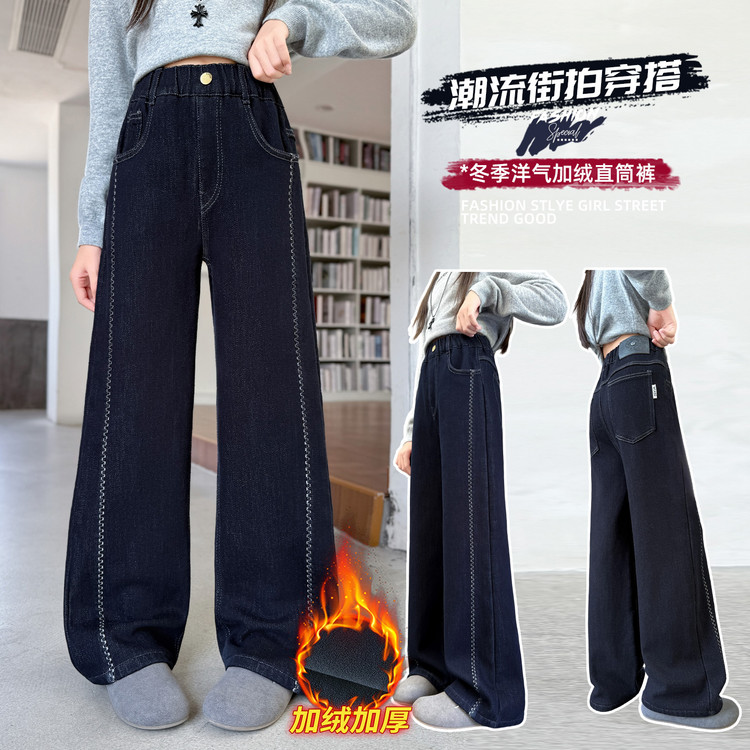 2025新款女童秋冬显瘦刺绣时尚洋气加绒外穿鑫鑫萌娃女童加绒裤子