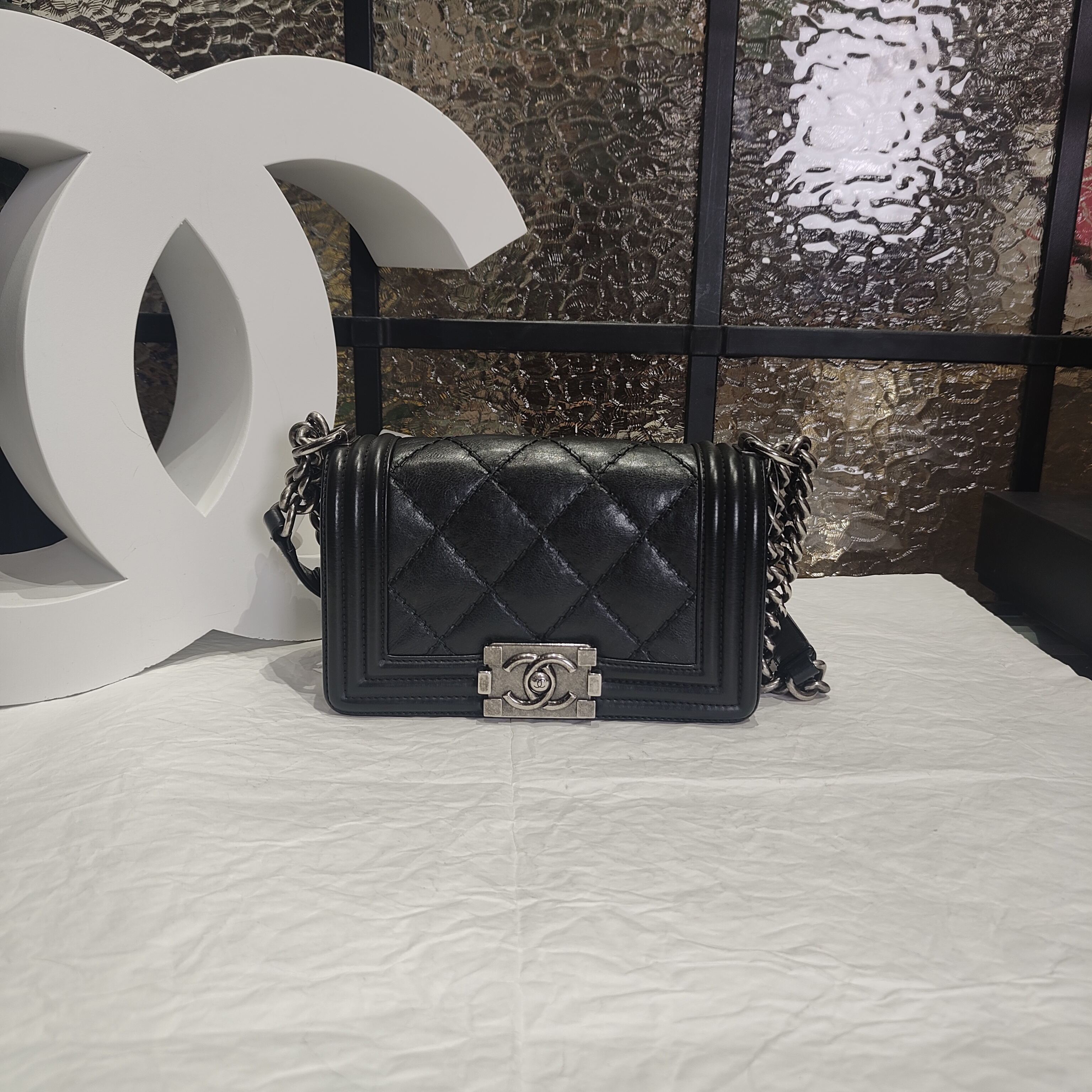95新 Chanel/香奈儿 Chanel 黑银小号boy斜挎包25020012-02