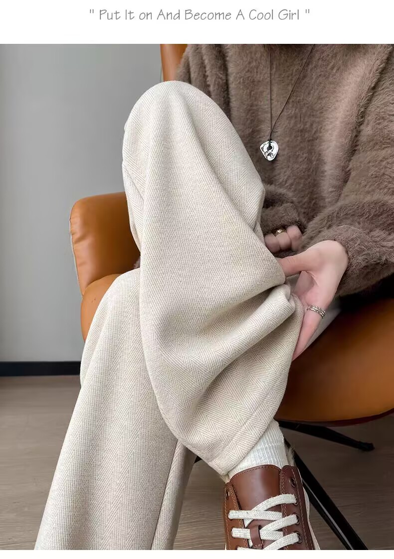 醋酸羊毛阔腿裤女秋冬加绒窄版直筒裤子羊绒休闲毛呢糯米裤