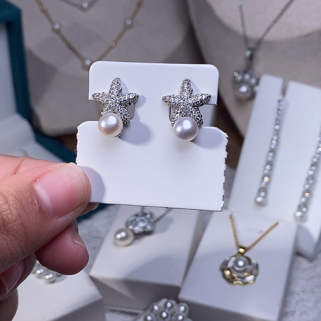 耳饰银S925镶嵌淡水珍珠