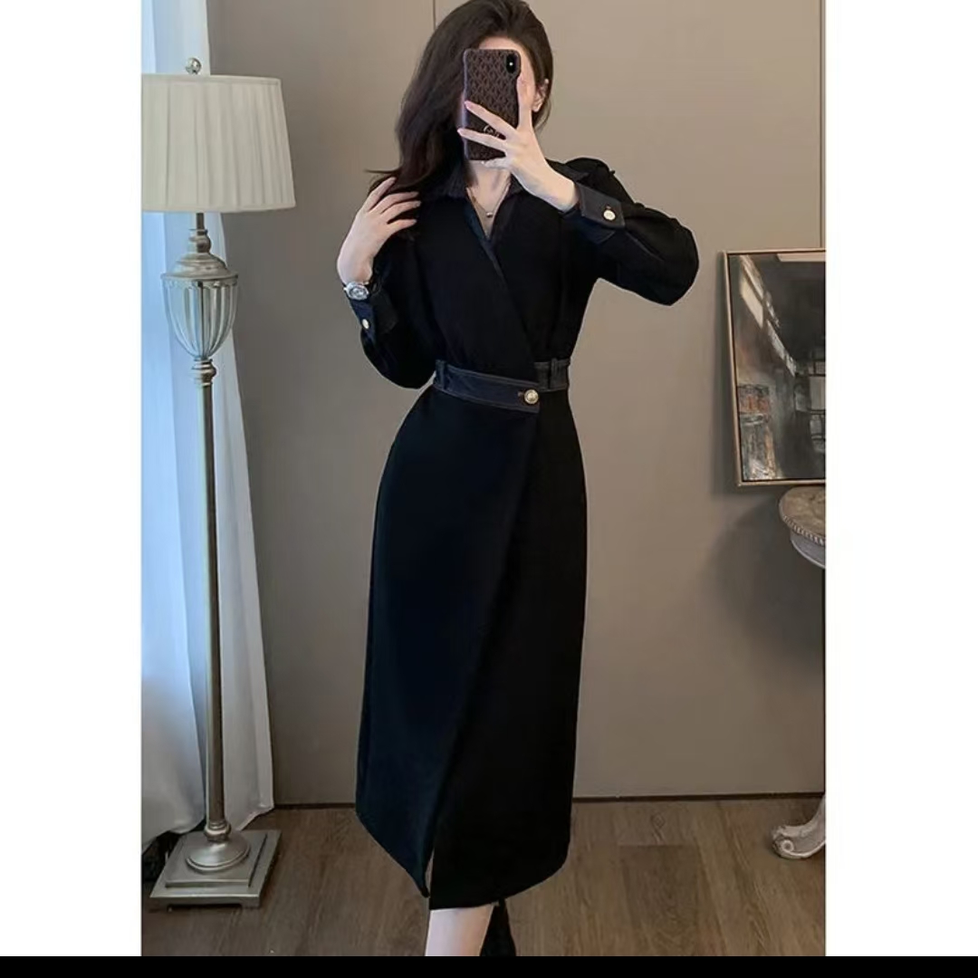 连衣裙长袖法式秋冬中长款轻奢复古赫本风设计感收腰气质黑色