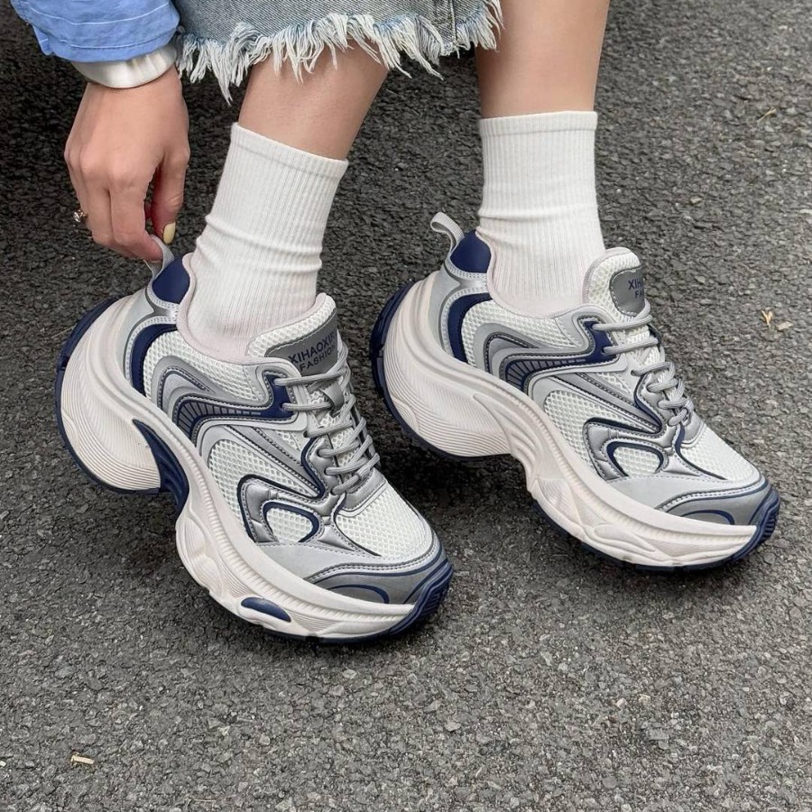 欧洲站女鞋健身操春季新款透气网面厚底老爹鞋女百搭休闲工装裤女