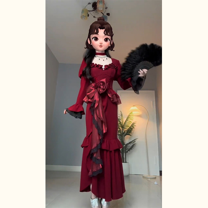 法式复古宫廷公主风设计感连衣裙方口领拼接蕾丝长袖收腰荷叶边女