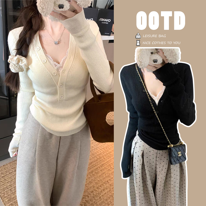 Moses Queen/魔西女王韩系低领V领纽扣针织上衣女修身显瘦打底衫