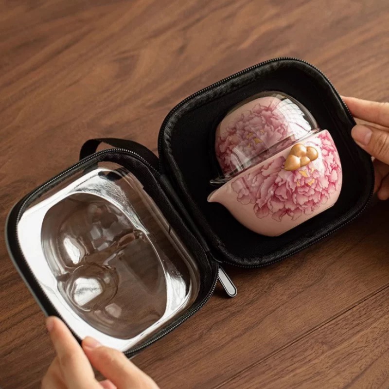 AA177粉汝牡丹花旅行茶具