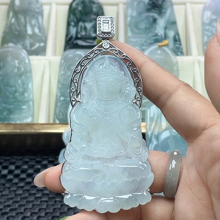 颈饰银S925镶嵌翡翠景****库天然翡翠A货渡母