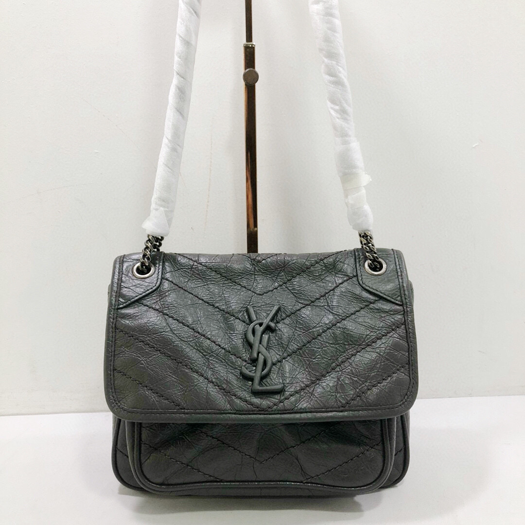 95新 YSL/圣罗兰 圣罗兰全皮niki大象灰链条单肩斜挎包