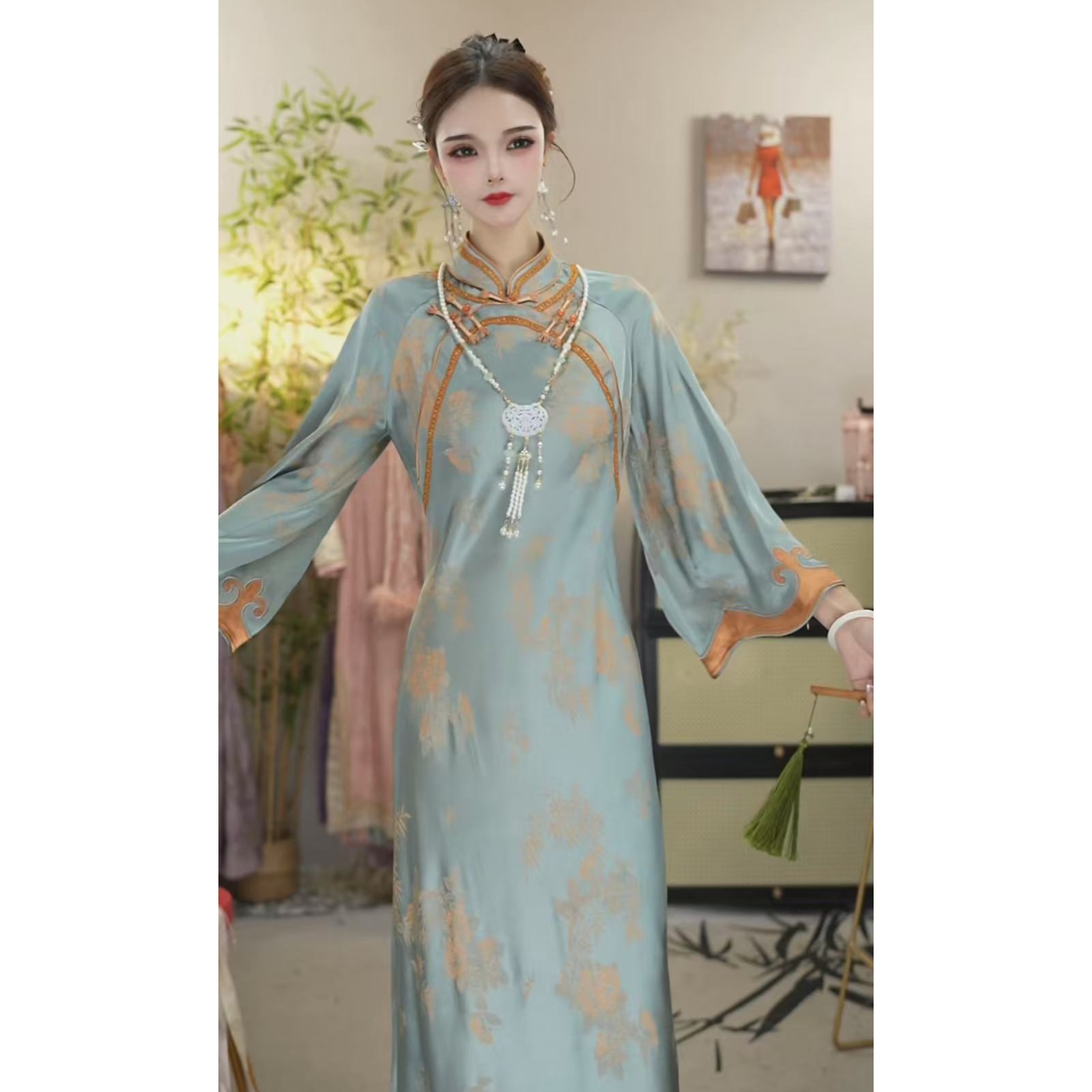 花享悦2025春季新款日常中国风时尚气质新中式长款连衣裙（2578）