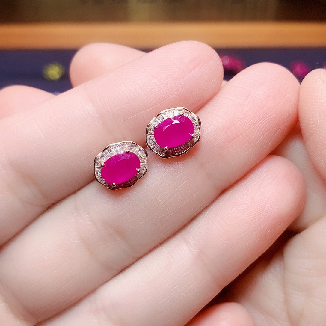 耳饰银S925镶嵌红宝石