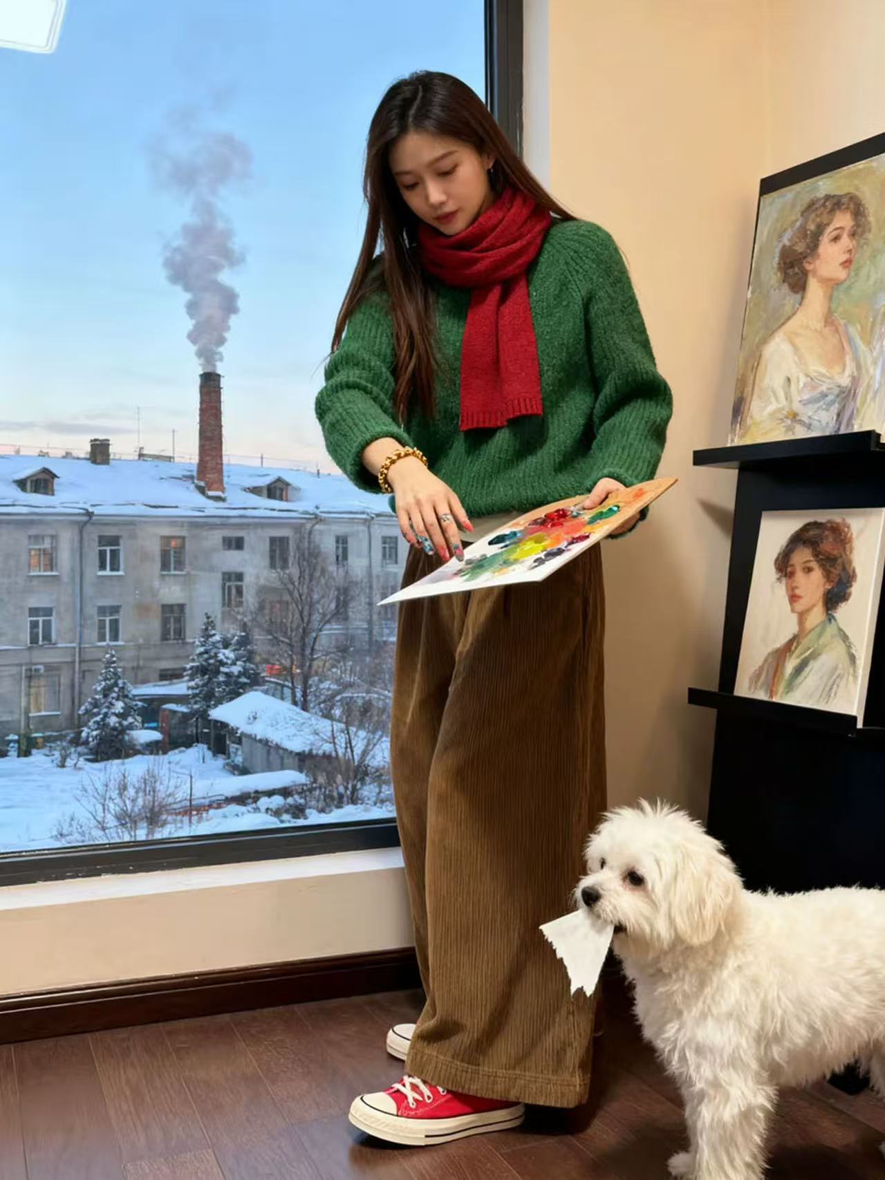 “婉兮清扬”韩系秋冬款加绒复古高腰灯芯绒休闲百搭直筒阔腿裤-B