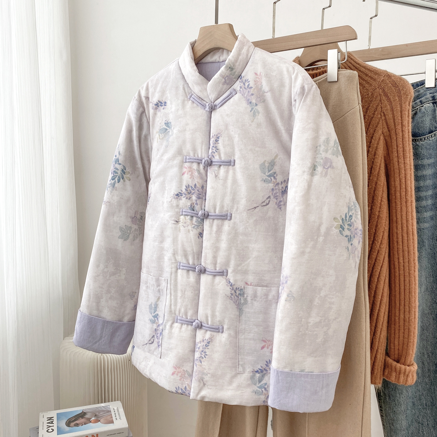 紫色高端新中式棉麻棉服外套宽松新疆长绒棉立领盘扣唐装上衣国风