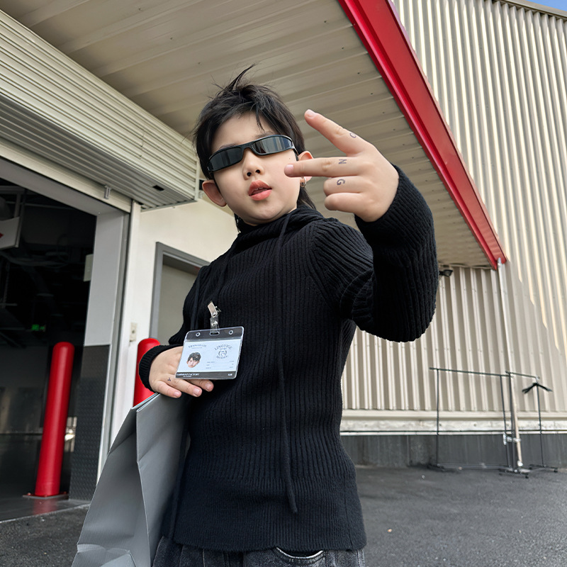 儿童男童秋冬冬季童装加厚加绒洋气大童连帽毛衣针织衫套头打底衫
