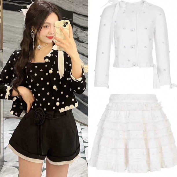 《no退no换默认微瑕》小清店波点1黑色针织开衫吊带玫瑰短裤