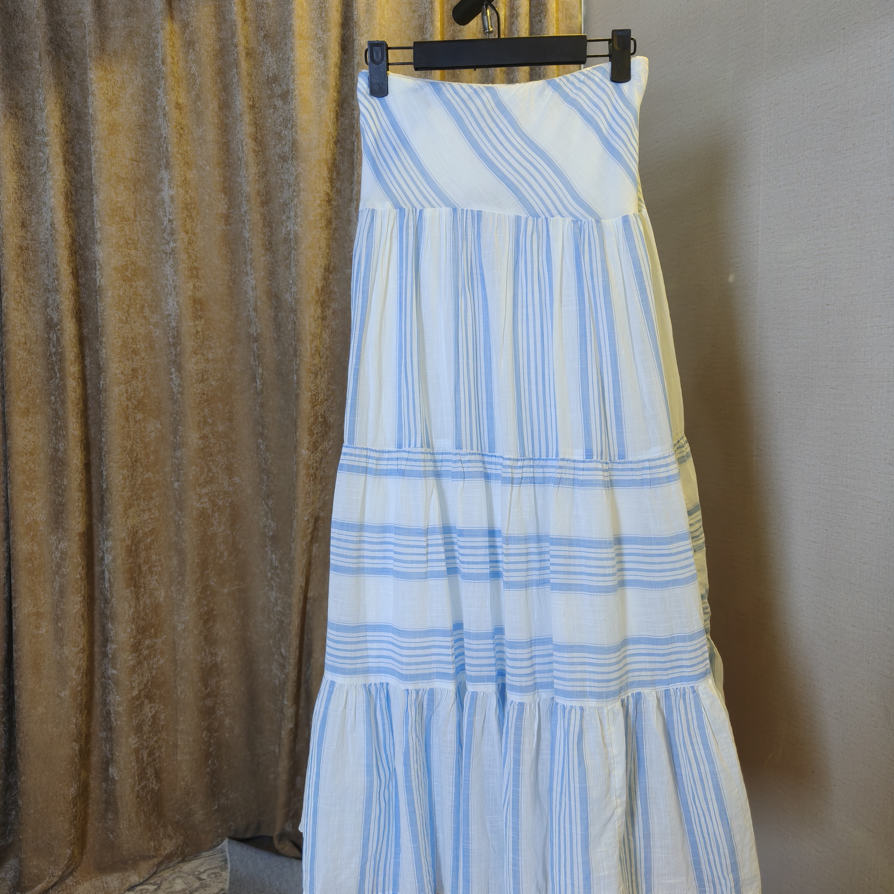 蓝色条纹纯棉拼接伞裙NO退换