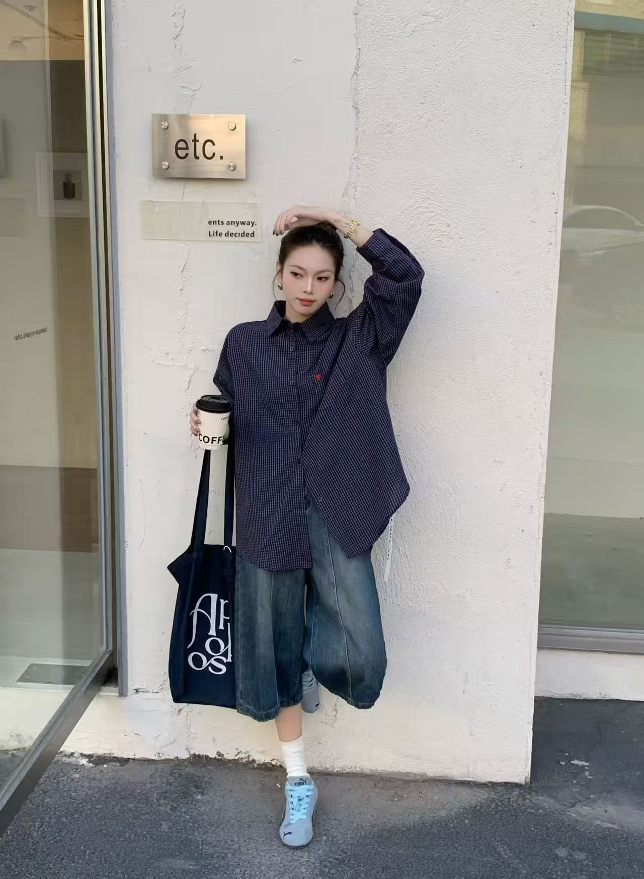 【爱心格子】张丹丹秋韩版休闲慵懒风刺绣内搭长袖衬衫外套