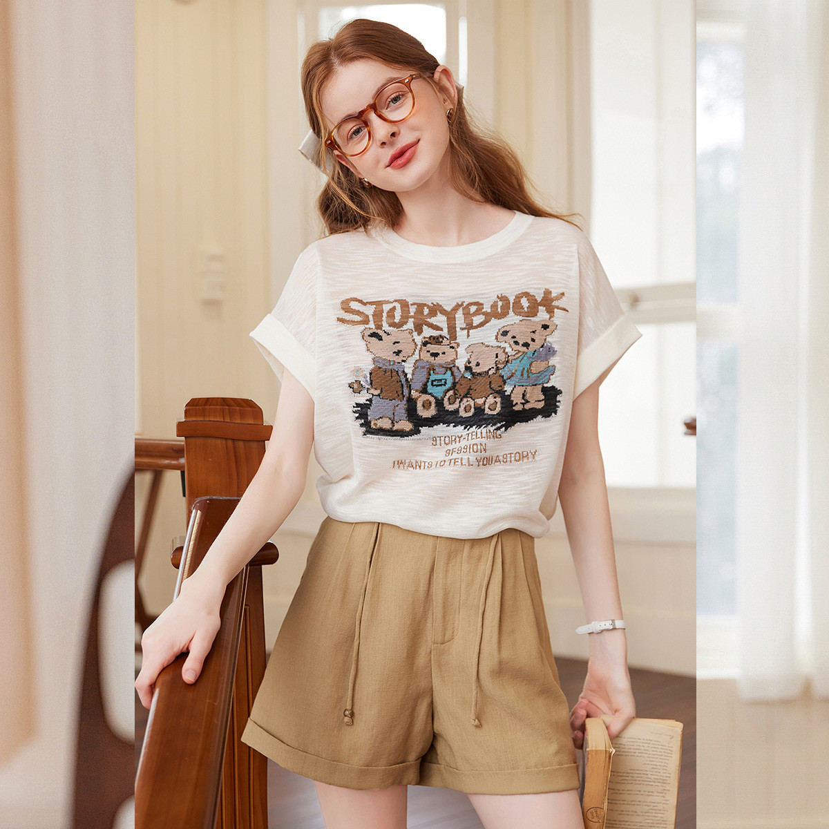 【黄蓉推荐】&白鹿语连肩短袖时尚减龄撞色针织衫YU20087