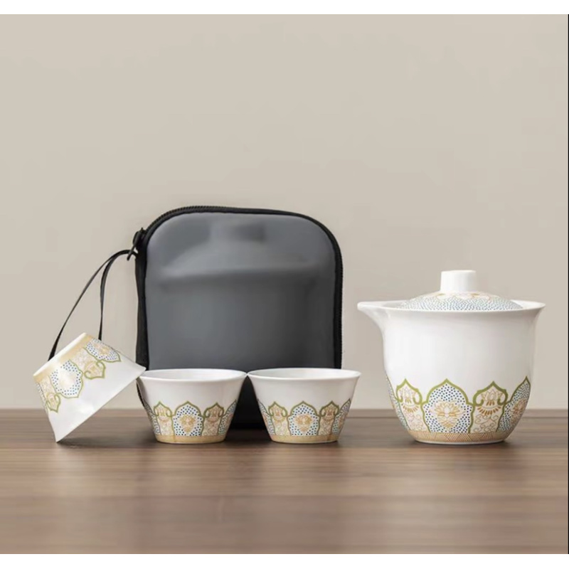 LX0018白莲花简约风盖碗旅行茶具户外露营一壶三杯便携式泡茶器